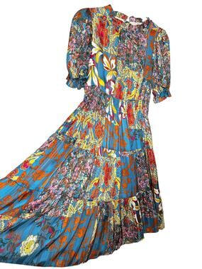 Stellah Metallic Floral Smocked Tiered Midi Dress High Neck Ruffle Sleeve Size S